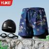 Bañador de hombre de doble capa antivergüenza, nuevo pantalón de playa, gorro de baño de tres piezas de aguas termales, gafas de natación, equipo de natación para hombre