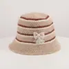 Sombrero de pescador coreano para mujer de otoño, fino, a rayas de bloques de color, tejido de alpaca, con cobertura facial, ligero y transpirable, con lazo de perlas