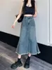 Falda de mezclilla con borde crudo de cola de pez para mujer, elegante falda de línea A versátil de cintura alta, falda bodycon vintage de longitud media