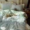 Primavera y Verano Clase A Suave y Amigable con la Piel Fresco Color Sólido Encaje Estilo Coreano Algodón Lavado Juego de Ropa de Cama de Cuatro Piezas para Dormitorio Juego de Tres Piezas
