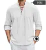 2026 Transfronterizo para Hombre Cuello Alto Lazo Cruzado de Moda Marca Nueva Primavera/Verano Lino Sintético Manga Larga Color Sólido Top Casual