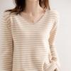 Transfronterizo 2025 Nuevo Otoño e Invierno para Mujer Suelto Cuello en V Rayado Combinación de Colores Corto Capa Interior Tejido de Punto Talla Grande