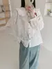 Colección Primavera 2026 Fresca y Sencilla Bordado de Dibujos Animados Algodón Plisado Holgado Cardigan de Manga Larga para Mujer