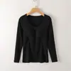 Novo Top Feminino de Malha Fina com Costela Canelada, Formato de Ovo, Gola com Amarração e Bojo, Caimento Justo, Pode Ser Usado como Peça Externa, Camiseta Básica de Manga Longa