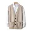 Colete 100% lã pura para homens, novo cardigã sem mangas com decote V para primavera e outono, suéter de lã masculino com bolsos