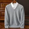Nuevo Suéter de Lana Australiana de Cuello Redondo para Hombre de Primavera y Otoño Top Casual Camiseta Base de Color Sólido Suéter de Punto Versátil para Hombre