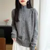 Cardigan de Tricô Gola Alta Espessado Fio Duplo Ponto Sete Lã Pura Novo Outono/Inverno 2026 Manga Longa Suéter de Lã Mesclada Feminino