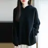 26 Prendas de Punto con Capucha de Lana Pura Nuevas para Otoño e Invierno de Manga Larga para Mujer de Color Puro Cálido Holgado con Abertura en la Parte Inferior Camiseta Superior