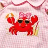 Roupas para Recém-Nascidos Transfronteiriças, Estilo Verão Fino, Macacão com Bordado de Caranguejo para Bebê Menina, Body Rosa de Flanela com Gola Reversível de Manga Curta