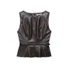 Moda Femenina Versátil Sin Mangas Efecto Piel Sintética Chaleco con Cinturón Cuello Redondo Moderno Primavera 2026