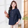 Camisa de manga larga estilo étnico para mujeres de mediana edad y mayores, nueva colección primavera/otoño 2026, top de algodón puro holgado y moderno para figuras petite