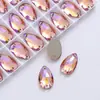 Acessórios de Joias DIY, Acessórios para Bolsas e Roupas com Strass Coloridos K9 de Vidro Ab em Forma de Gota d'Água, Fundo Plano, Furos Duplos, Costurados à Mão