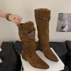 Botas Longas de Salto Grosso Suede Bico Fino Femininas First Encounter Sazonal Outono/Inverno 2026 Novas Botas de Moda de Cano Alto Usáveis de Duas Formas Botas Acima do Joelho