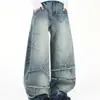 Jeans de perna larga curva com efeito amassado de raio tendência de rua calças de pai com bigodes bordas desfiadas calças compridas de perna larga curvas com efeito desgastado