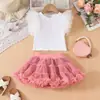 Falda de tutú nueva transfronteriza para niña pequeña y mediana, falda de princesa versátil para cumpleaños, conjunto de camiseta con manga de vuelo de malla y falda TUTU