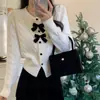 Outono e Inverno novo cardigã de malha de seda brilhante estilo coreano com laço gola redonda casaco suéter estilo Chanel suéter cardigã de manga longa