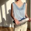 Camisola de Seda para Mujer Capa Interior Verano Nueva Seda de Morera Satén Delantero y Trasero Cuello en V Color Puro Top Exterior