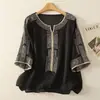 Elegante Blusa de Gasa de Mamá para Verano, de Moda Este Año, Camiseta Estampada de Manga Tres Cuartos Estilo Nacional de Verano para Mujeres de Mediana Edad y Mayores