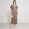 Vestido Formal Plissado de Cor Sólida de Alta Qualidade Gola Redonda Mangas Bufantes Caimento Ajustado Saia Plissada com Drapeado Roupa de Festa
