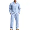 Conjunto de duas peças de linho masculino estilo americano para o outono de 2026, com camisa de manga longa e calça com cordão