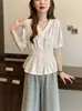 Ropa de mujer talla grande más vendida en el Sudeste Asiático: Nueva camisa elegante de manga corta con cintura entallada, top plisado de moda estilo francés