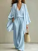 Conjunto de Três Peças de Algodão e Linho para Mulheres, Verão Preguiçoso Solto Colete de Gola V Calça de Perna Larga Cardigã Kimono Conjunto Casual de Férias