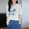 Verão Novo Lyocell Vintage Floral Gola Redonda Malha Manga Curta Estampada Solta Pulôver Camiseta Roupas Femininas