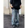 Jeans desgastados lavados a la calle estilo americano, unisex, colección primavera/otoño, pierna recta, corte holgado, vibra de alta moda europea y americana, pantalones largos de moda