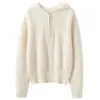 Novo suéter casual de moda feminina para outono e inverno, mistura de caxemira, malha canelada, com capuz, zíper parcial, manga longa