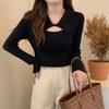 Sentido del diseño de máquina de cuidado suéter calado de manga larga adelgazante suéter versátil top para mujer de otoño e invierno camiseta básica para mujer