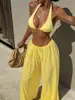 Conjunto de Tres Piezas de Playa para Mujer de Color Sólido, Nuevo para Primavera/Verano 2026, Europeo y Americano Transfronterizo, Moda Casual para Vacaciones, Traje de Baño con Falda de Gasa Semitransparente