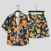 Traje de Camisa Floral de Manga Corta de Secado Rápido para Hombre de Verano Traje Hawaiano de Playa Traje Casual Holgado de Dos Piezas con Pantalones Tres Cuartos