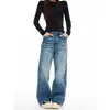 Jeans com Padrão de Bambu Lavado Retrô para Homens e Mulheres, Corte Limpo, Solto, Reto, Casual, Calças Bonitas