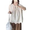 Camisa de Algodão Bordada Estilo Chinês Retro Artístico Blusa Pulôver de Manga Curta com Pregas de Organza de Temperamento para Mulheres