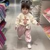 Traje para niña de primavera, otoño e invierno con forro polar, estilo coreano de dibujos animados, estilo occidental, top, pantalones deportivos, traje de 2 piezas para bebé, moda