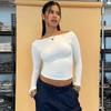 Estilo europeu e americano, top feminino quente, frente e costas, manga comprida, justo, camiseta curta emagrecedora, feminina em estoque