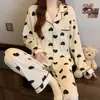 Pijama de Tecido Amassado com Laço Estilo Doce e Luxo Leve Ins para Mulheres Roupa Casual para Casa Conjunto de Manga Longa Venda por Atacado