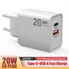 Cargador USB PD de carga rápida superrápida de 20 W totalmente compatible con teléfonos móviles tipo C para cargadores Apple y Android.