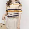 Camiseta de punto de algodón puro de manga corta con cuello redondo y rayas degradadas, nuevo estilo de verano, top sencillo de estilo coreano con bloques de color para mujer