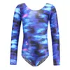 Ropa de Baile Latino de una Pieza con Mangas Largas Estampada Ropa de Práctica de Baile de Verano Ropa de Competición para Niñas Cielo Estrellado Baile