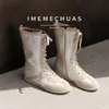 Botas Martin Casuais de Couro Bovino + Seda para Mulheres, Botas para Treinamento Esportivo, Novas Botas de Couro Genuíno com Bico Redondo, Cadarço Plano, Cano Médio
