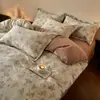 Conjunto de cama de quatro peças em algodão espesso escovado estampado, conjunto de três peças estilo pastoral floral em algodão puro com lençol com elástico, capa de edredom e lençol de cama