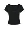 Camiseta Casual Simple de Estilo Americano con Cuello en U Escotado Hombro Normal Manga Corta, Top Corto Básico Versátil Ajustado para Verano