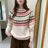 Suéter de lana de ajuste holgado con cuello redondo para otoño e invierno, bloques de color vintage, tejido suave y acogedor, jersey casual jacquard Fair Isle navideño