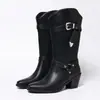 Botas Western Femininas Slip-On Outono e Inverno Novas com Fivela Retro, Bico Quadrado e Salto Grosso