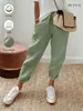 Calça Cropped Estilo Europeu e Americano de Cor Sólida em Algodão e Linho com Cintura Alta Elástica, Punhos Dobráveis, Caimento Solto, Respirável, Calça Harem Casual
