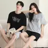 Pijama de Algodón Elástico Estilo Coreano para Pareja para Mujer, Conjunto de Ropa de Casa de Verano con Cuello Redondo y Mangas Cortas, Conjunto de Moda de Dibujos Animados para Usar al Aire Libre