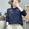 Camisa artística de manga longa com bordado pesado estilo floresta para mulheres, outono 2026, macia, amigável à pele, respirável, algodão puro, top de gaze de algodão dupla camada