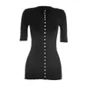 Vestido de verano de moda y elegante para mujer estilo europeo y americano, sexy de manga media, entallado en la cintura, multibotones, cuello redondo, vestido para ir al trabajo