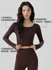 Ropa de Yoga de Cuello Redondo Slim de Manga Larga para Mujer Adelgazante Ropa Deportiva Exterior Moderna Top de Ropa de Yoga Fitness Corto con Cuello Henley